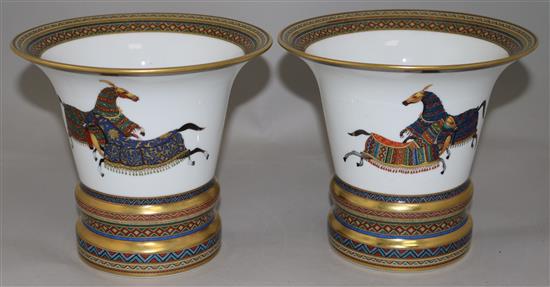 A pair of Hermes porcelain Cheval dOrient bell shaped vases, 17.5cm, with original boxes